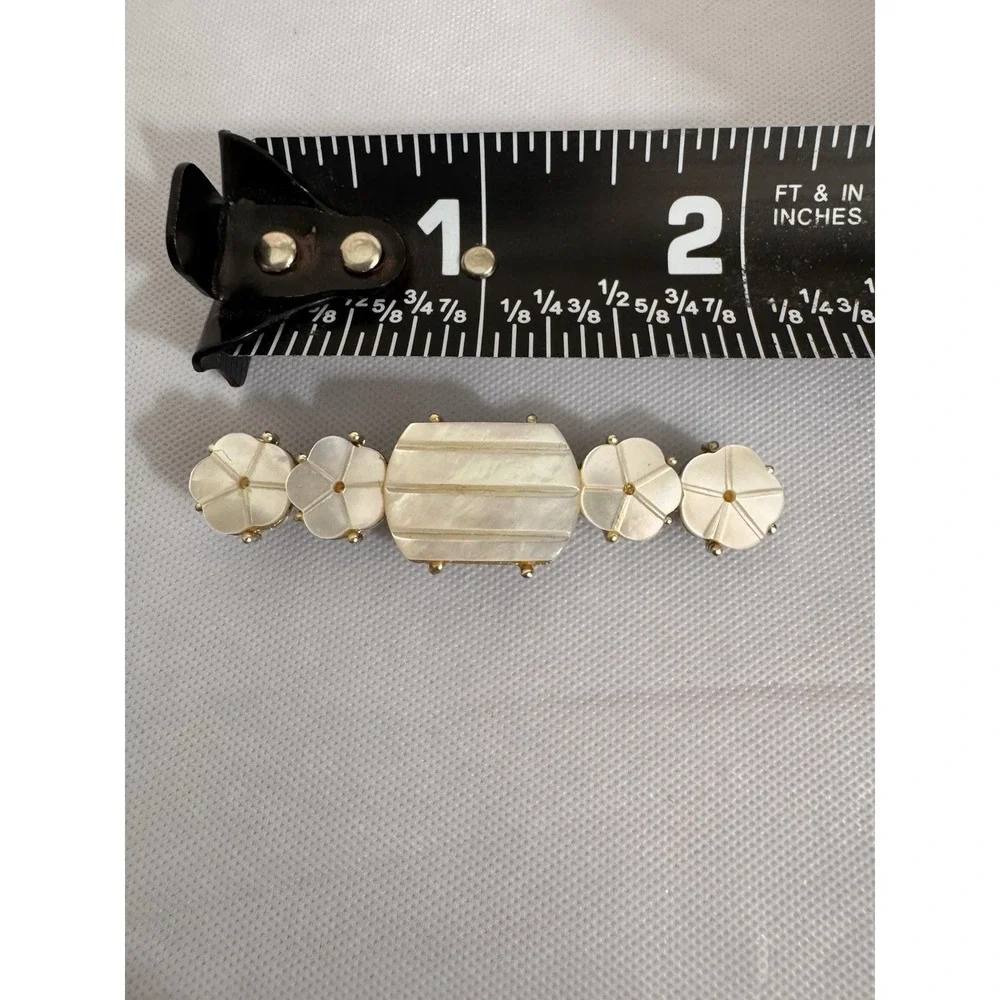 Vintage Carved Mother of Pearl Shell French Barrette Gold Tone Hair Clip White